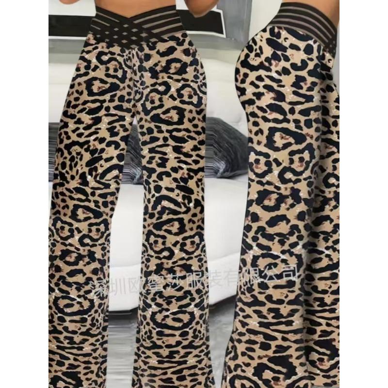 

Женские брюки с ажурным поясом, слегка расклешенные, повседневные широкие брюки с высокой талией 3XL цветной печати леопарда
