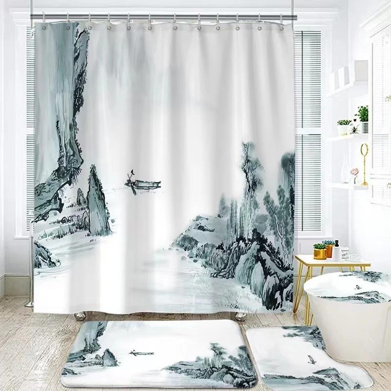 Landscape Ink Bamboo Painting Shower Curtains Chinese Style Bathroom Accessories Partition Waterproof Bath Curtains Rugs,Mat Set