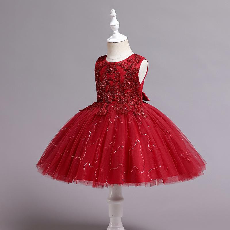 

Girls Flower Sequin Puffy Tulle Princess Dress for First Birthday or Wedding 70 cm вино красного