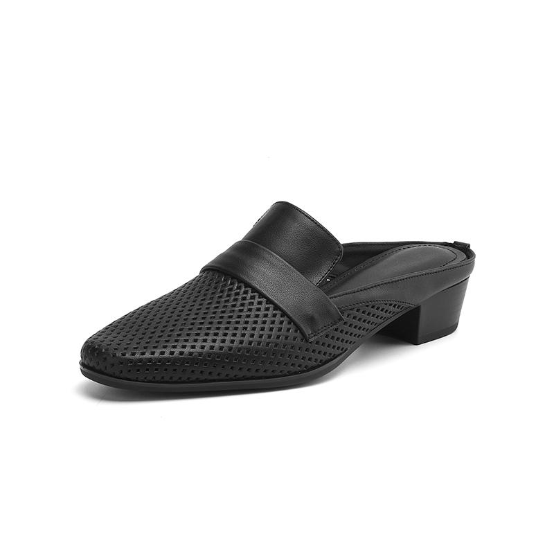 Fashion Women's New Summer Genuine Leather Sheepskin Breathable Hole Round Head, Mid Heel, Large Toe, M Ü Ller Slippers
