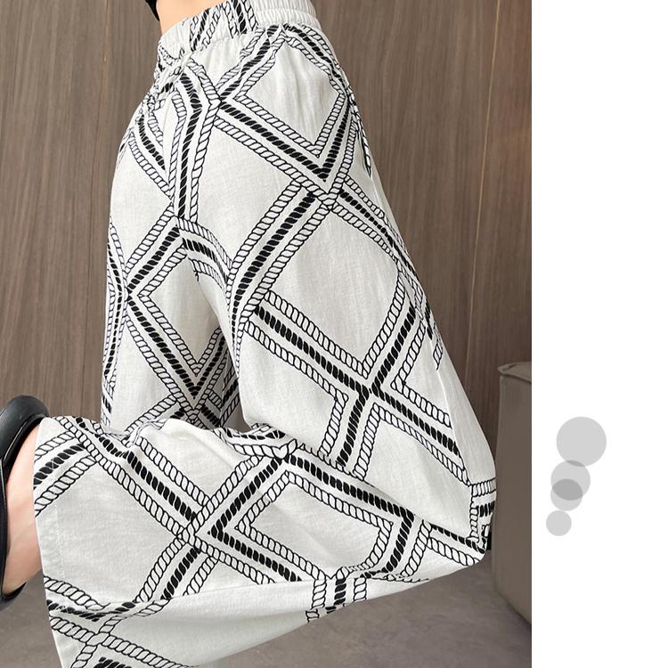 Summer Women Print Chain Cotton And Linen Thin High Waist Wide Leg Pant Trouser With Pocket For Girl