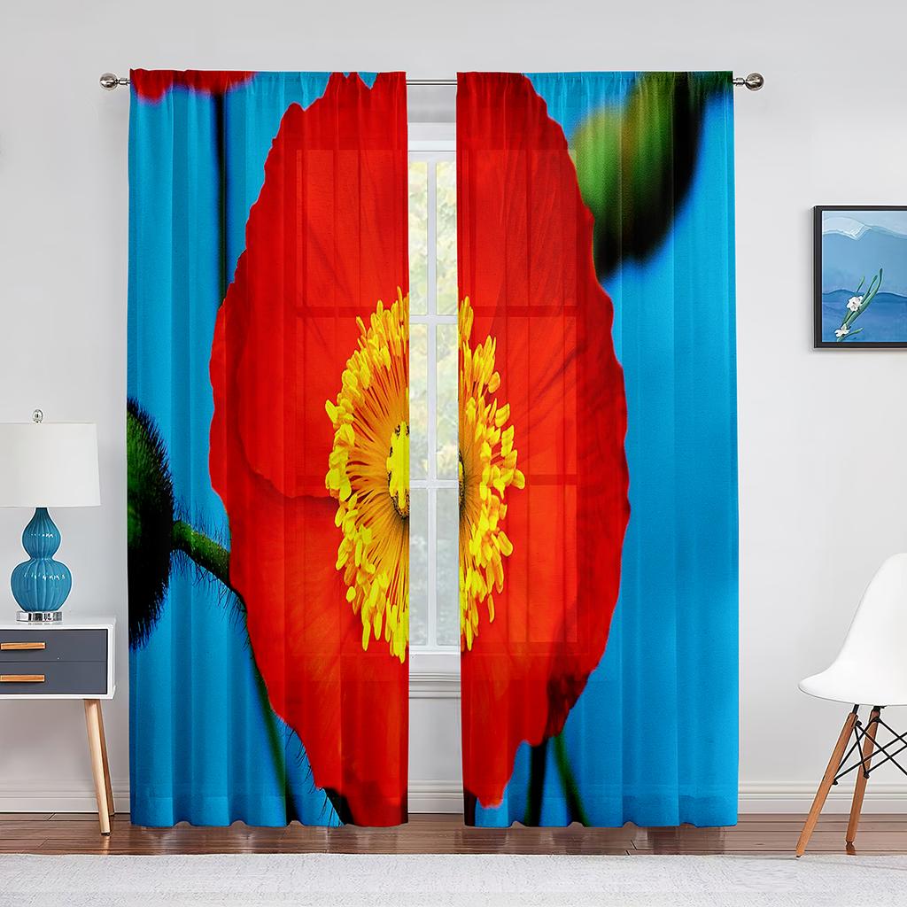 Poppy Flower Red Floral Sheer Voile Curtains for Living Room Bedroom Kitchen Tulle Window Curtain Home Decoration Chiffon Drapes