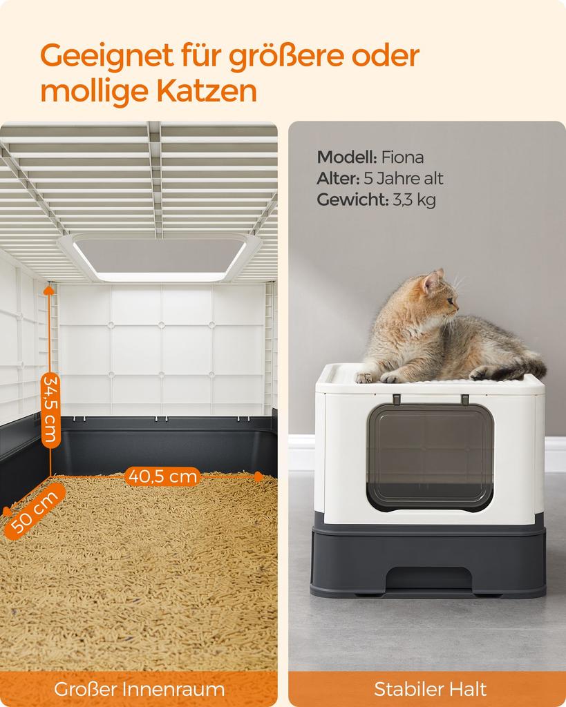 FEANDREA Closed Litter Box for Cats, Toilet House, Removable Tray, Shovel, Brush, for Large Cats, Load Capacity 15 Kg, Anti-Mark, Anti-Leakage