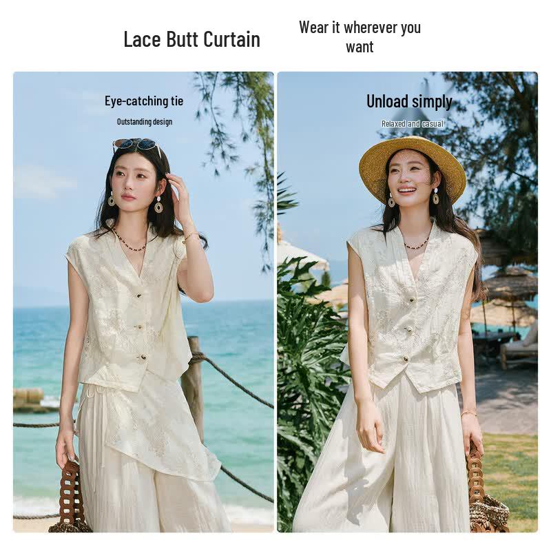 Women's V-Neck Lace Vest and Linen Blend Pants Set