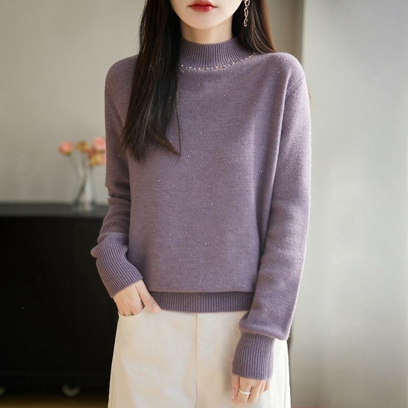 Half-neck Soft-fiber Fine-spun Wool Knitted Sweater for Women, Suitable for Autumn and Winter, Loose-fitting Base Layer Top, Sweater