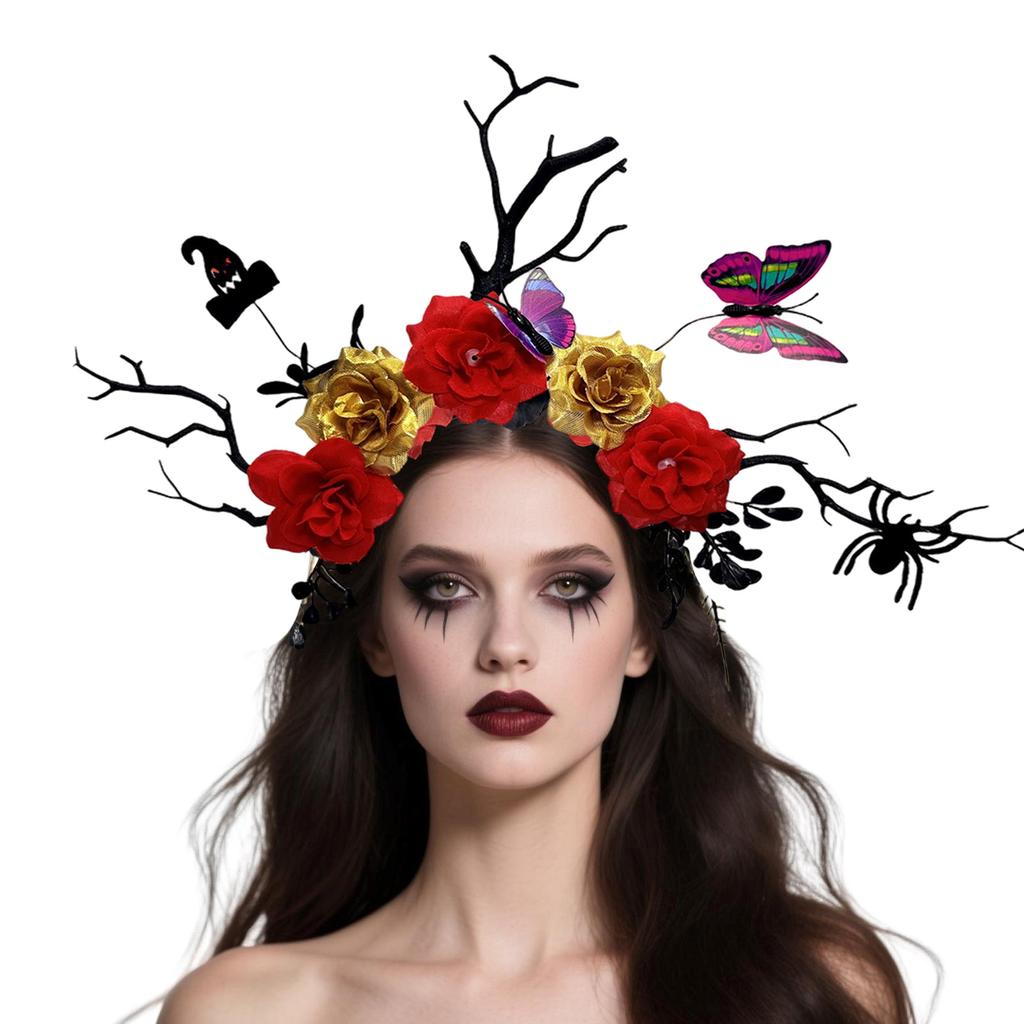 Halloween Deer Antlers Headband With Bat Butterfly Detail And Black Floral Branch Hair Ornament For Costume Parties