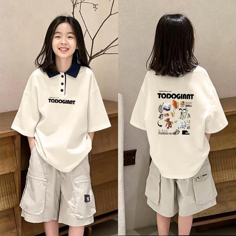 Trendy Girls' Cartoon Cotton Polo Shirt - Summer Patchwork Lapel Tee for Ages 8-15