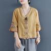 Vintage Chic Embroidery Knot Button Cotton Shirt Women Summer New Chinese Loose Short Sleeve V-neck Top