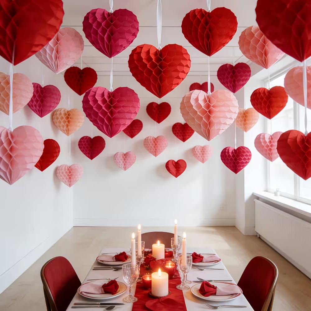 Valentine's Day Heart Paper Pom Poms Honeycomb Party Decorations For Wedding Proposal Handmade Craft For DIY Wedding Decor