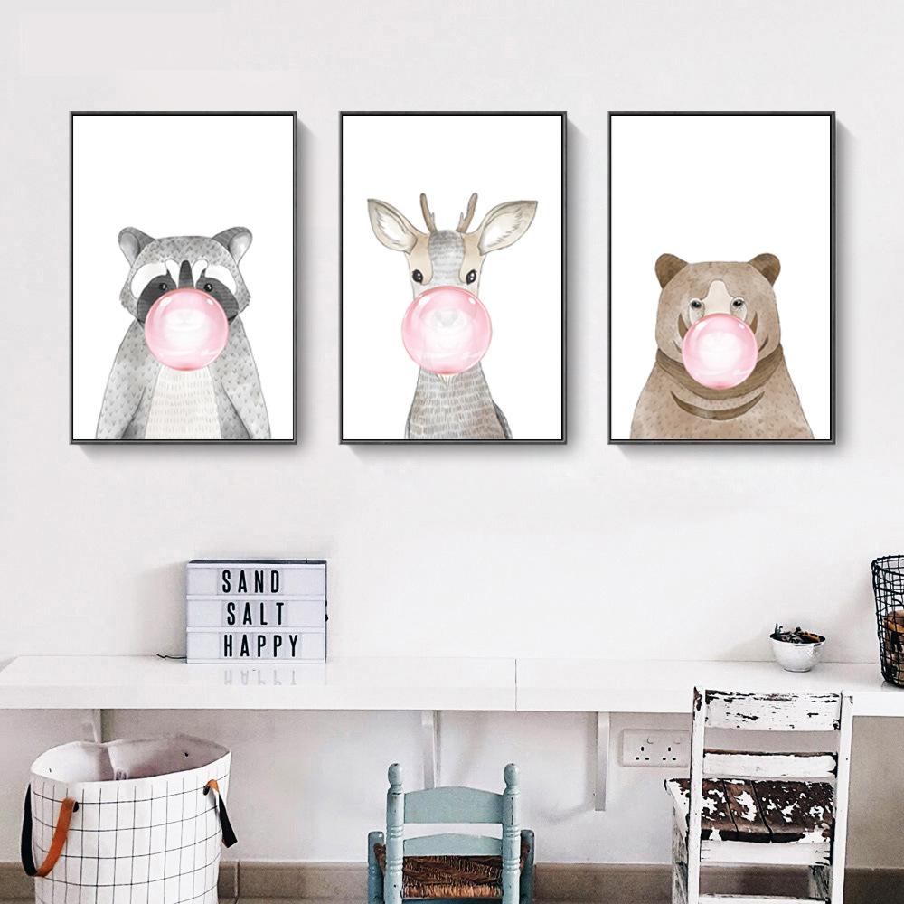Decorative Painting Animal Bear Deer Blowing Balloon Nordic Animal Blowing Bubble Hanging Painting Wall Picture for Living Room