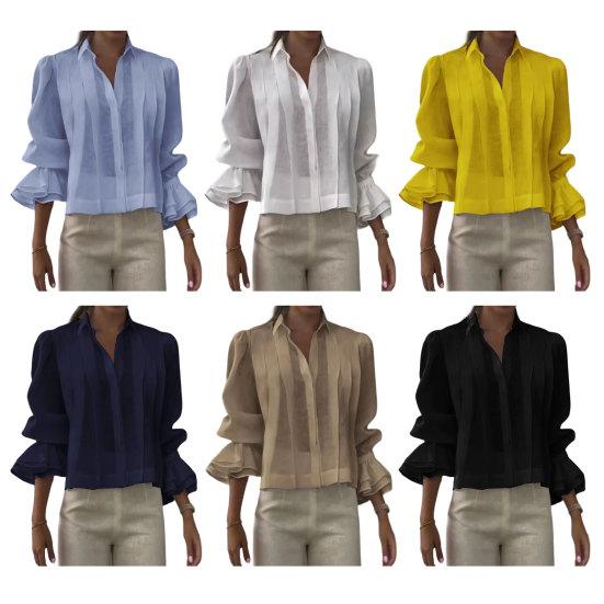 Women Shirt Lapel Long Sleeve Ruffle Cuffs Shirt Tops Pure Color Loose Fit Button Down Office Lady Summer