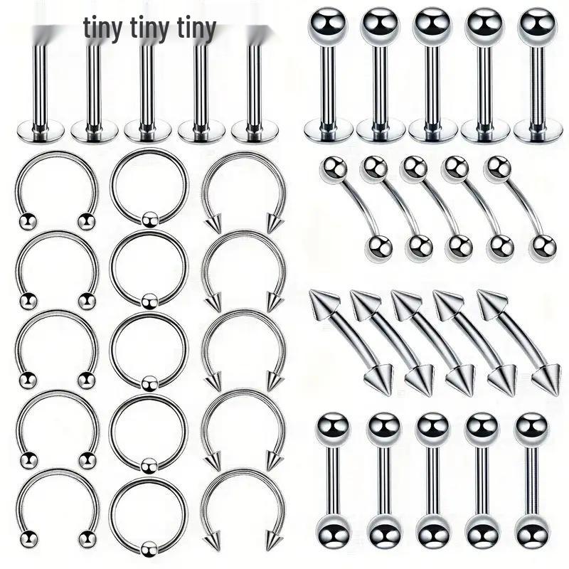 40-teiliges gemischtes Set: Edelstahl Lippen- und Augenbrauenstecker, Ohrringe, Nasenringe, mit runden Kugeln, Spitzen und Kegeln.