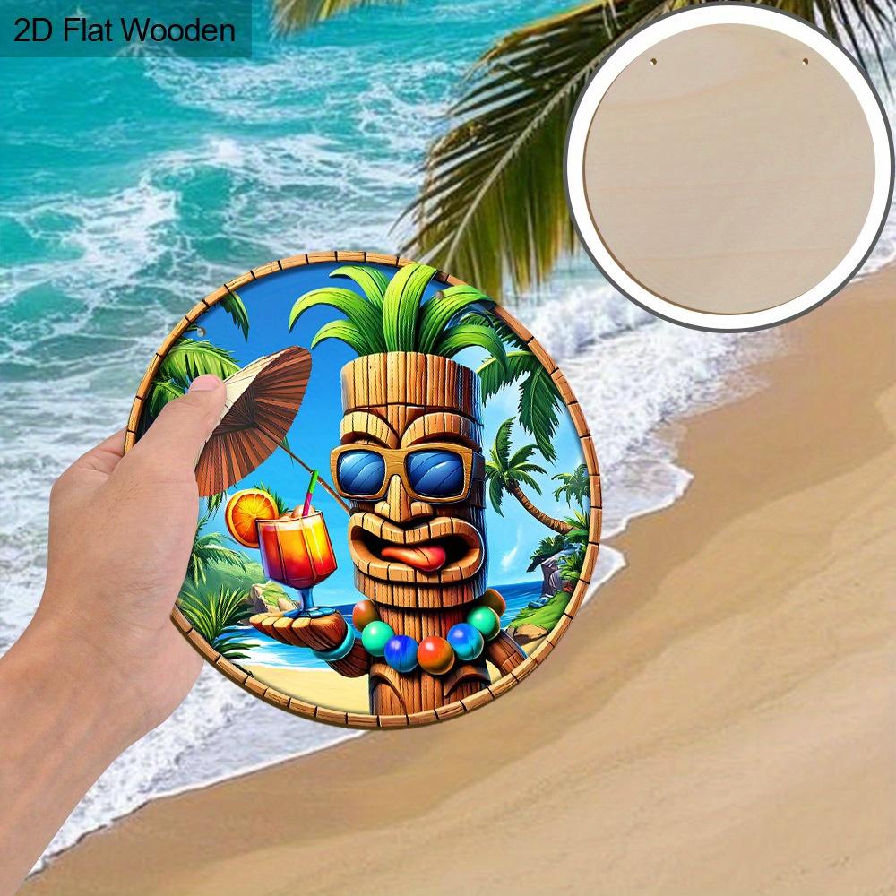 [2D Flat] 20cm Round Wooden Wall Hanging Decor - Tropical Beach Tiki Totem Design with Fruity Drink, Umbrella & Palm Trees, Funny Decor for Home