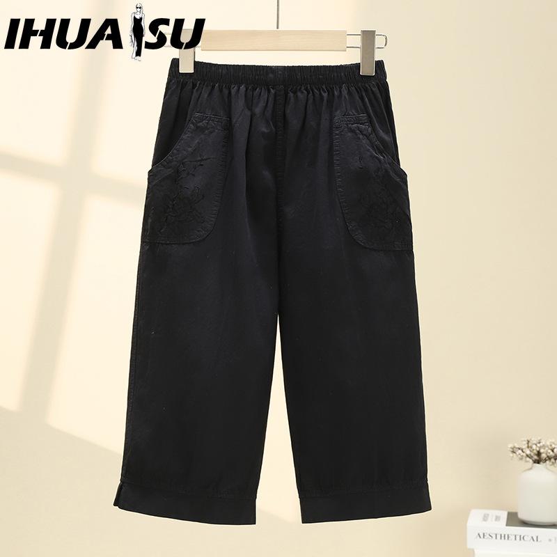 

IHUASU Summer Women Elastic Waist Straight Trousers Middle Age Older Women High Waist Straight Pants Washed Cotton Cropped Plus Size Pants XXXXL чёрный