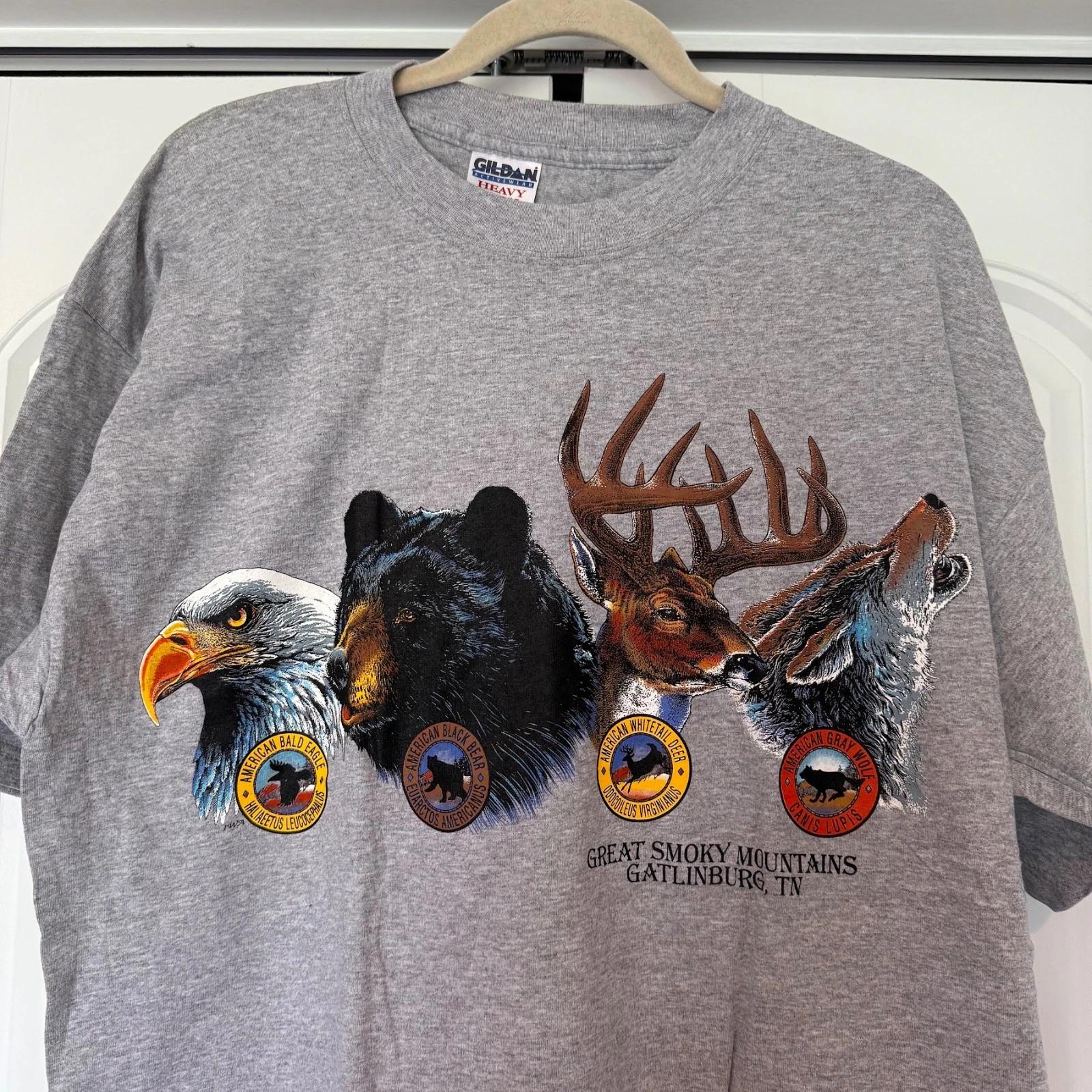 

New VTG 1990s Smoky Mountain Wildlife Animals Line Up T-Shirt Tennessee Adult L 3XL