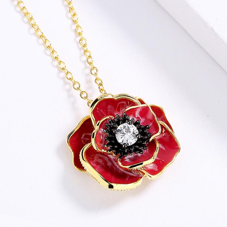 Exquisite Rote Epoxidblume Anhänger Damen Handgefertigt Emaille Halskette Pulloverkette Damenschmuck