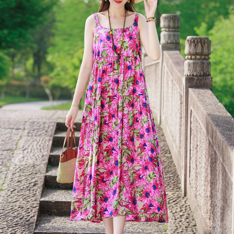 Elegant Sling Dress for Women Plus Size Casual Summer Long Dress Vintage Middle-aged Women's Clothing