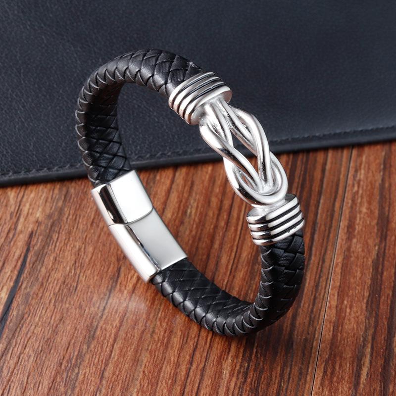 Schwarzes Lederseil-Armband mit 8 Unendlichkeitszeichen für Männer, modisches handgewebtes Armband, Edelstahlverschluss, verstellbares Lederband
