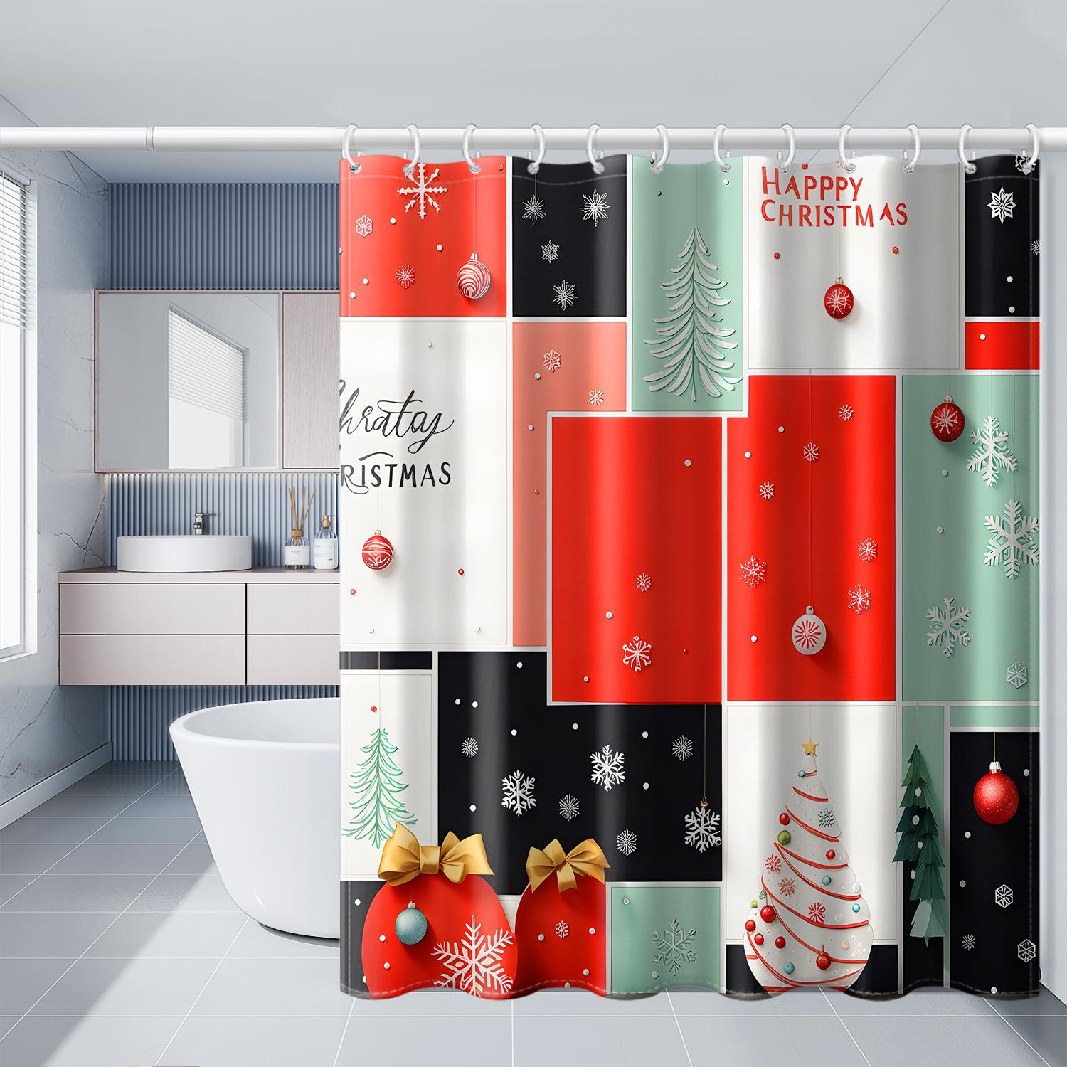 

1 piece of colorful geometric grid Christmas tree reindeer shower curtain with plastic hook, cartoon Christmas printed bathroom 180*180cm