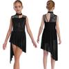 Girls Sleeveless Mock Neck Leotard Dress – Asymmetrical Shoulder Floral Lace with Rhinestones, Irregular Hem for Lyric Dance