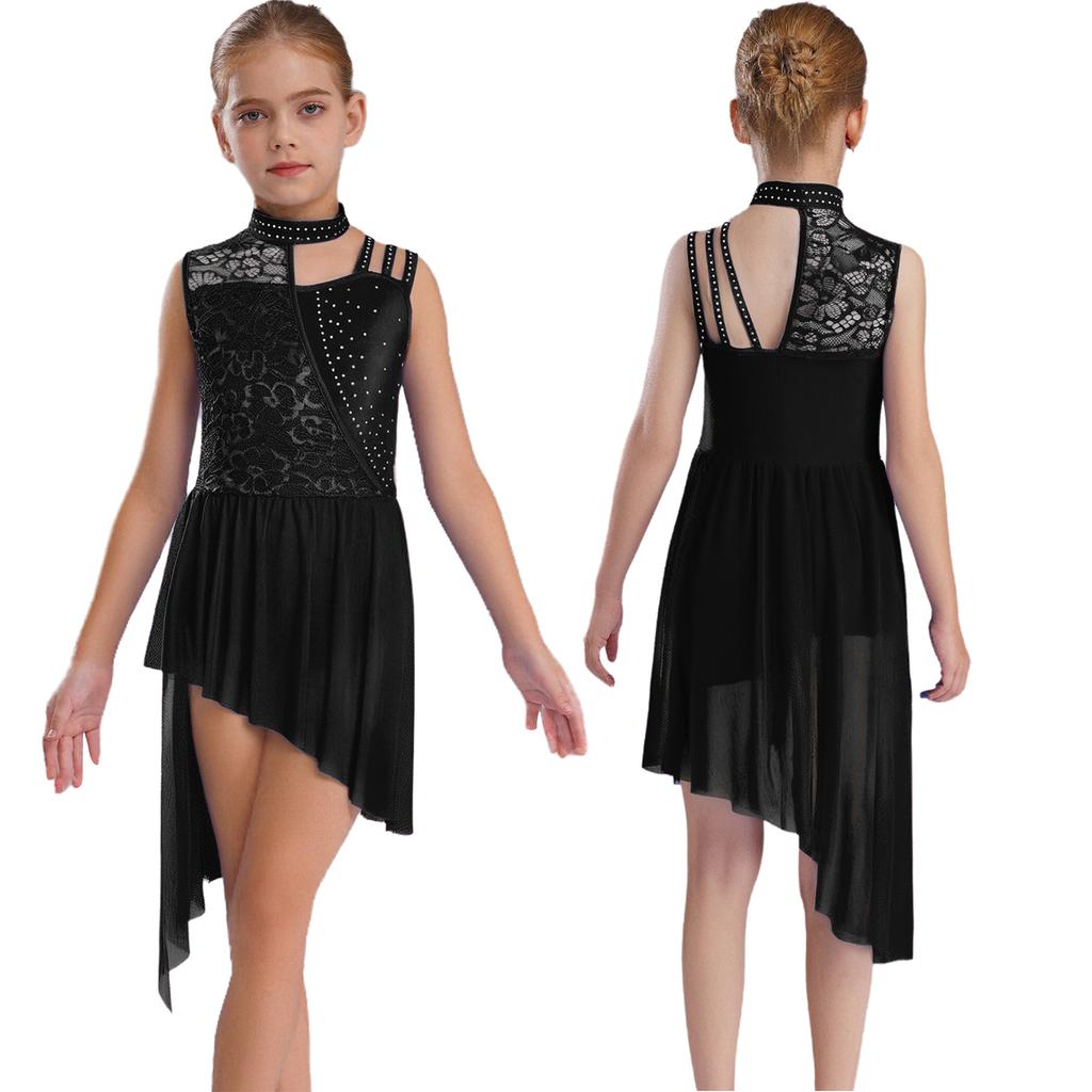 Girls Sleeveless Mock Neck Leotard Dress – Asymmetrical Shoulder Floral Lace with Rhinestones, Irregular Hem for Lyric Dance
