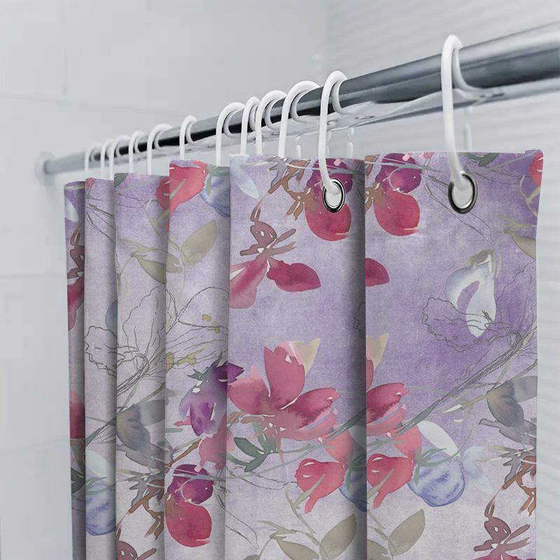 Luxury Print Shower Curtain Waterproof Bath Decorative Liner Purple Flowers Pink Red White Floral Pattern Bathroom Decoration