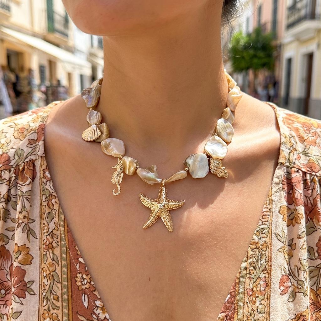 Bohemia Irregular Shell Beaded Necklace for Women Starfish Conch Pearl Pendant Metal Chain Choker Summer Beach Vacation Jewelry
