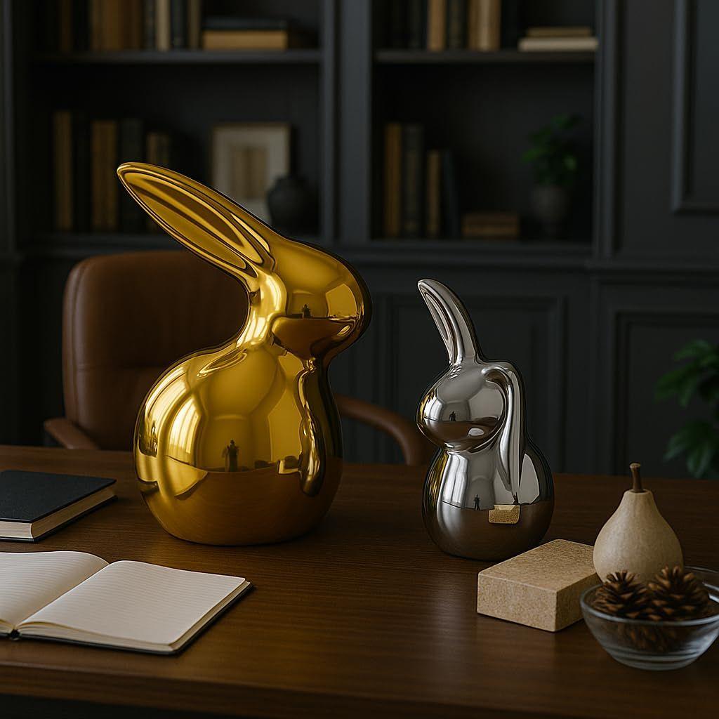 Home Décor Ceramic Cute Golden & Silver Rabbit Figurines (Set of 2, Golden and Silver)