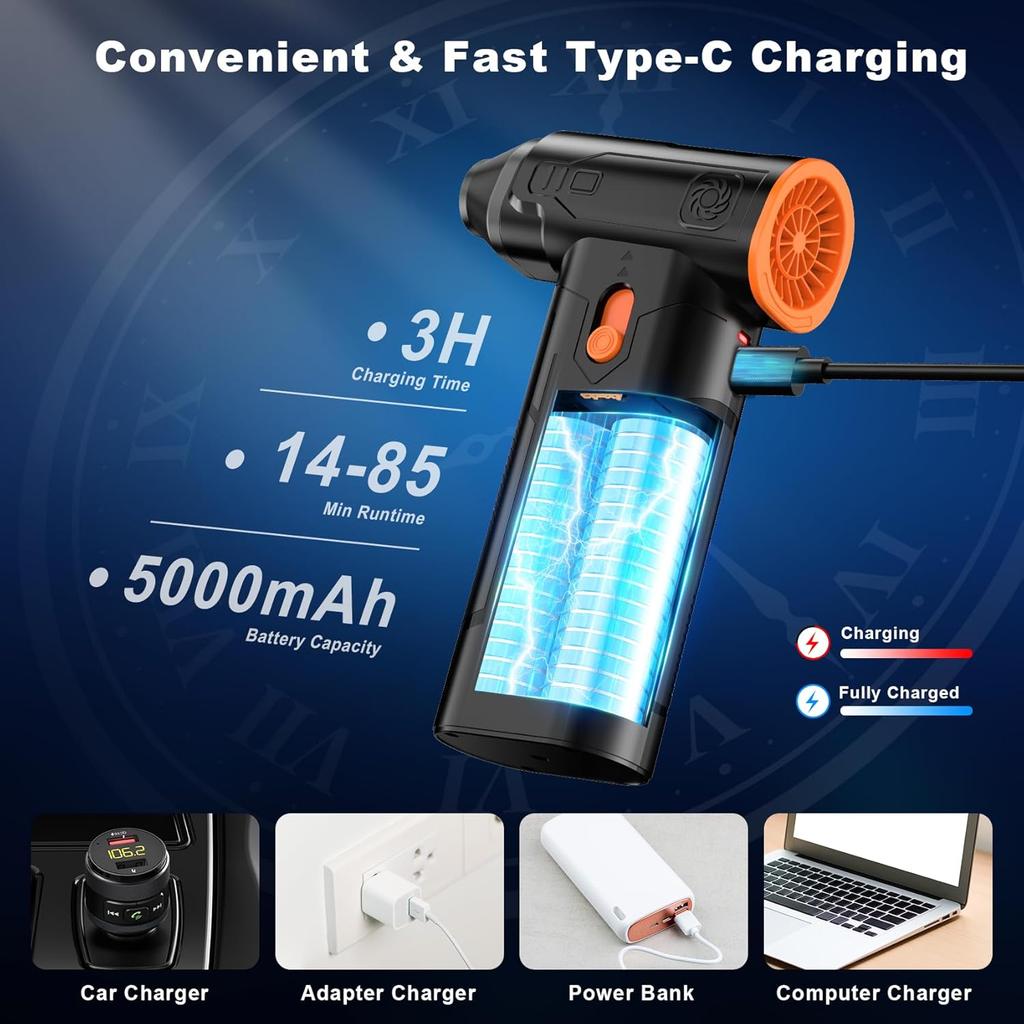 Compressed Air Duster, 130000RPM Multi-Gear Adjustable Electric Air Duster with Brushless Motor, Replaces Compressed Air Cans, Rechargeable Cordless