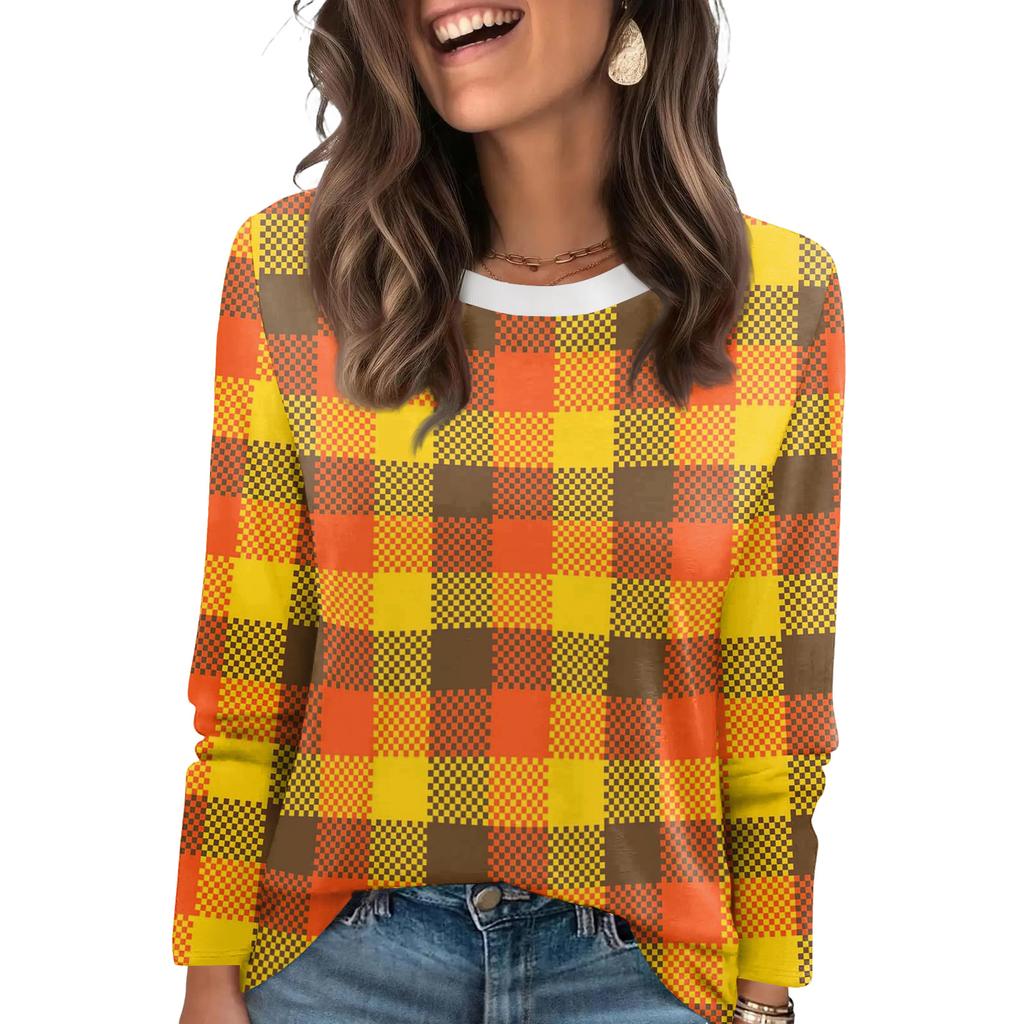 Ladies' Plaid Printed Fashionable Casual Round Neck Long Sleeved Round Neck Top