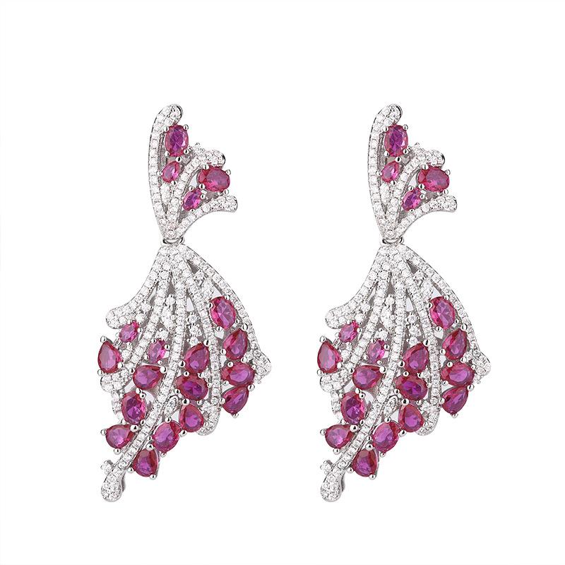 Autumn and winter new earrings jewelry fashion fan flower earrings red corundum slightly inlaid zircon earrings women's
