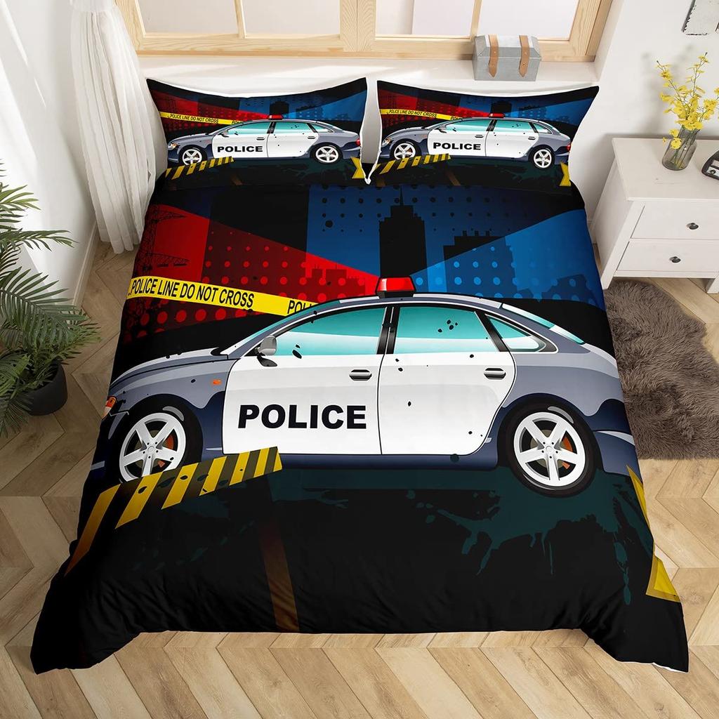 Police Car Duvet Cover Set Boys Cartoon Car Bedding Sets Full Size, Emergency Responder Vehicles Comforter Cover Set Blue Grey