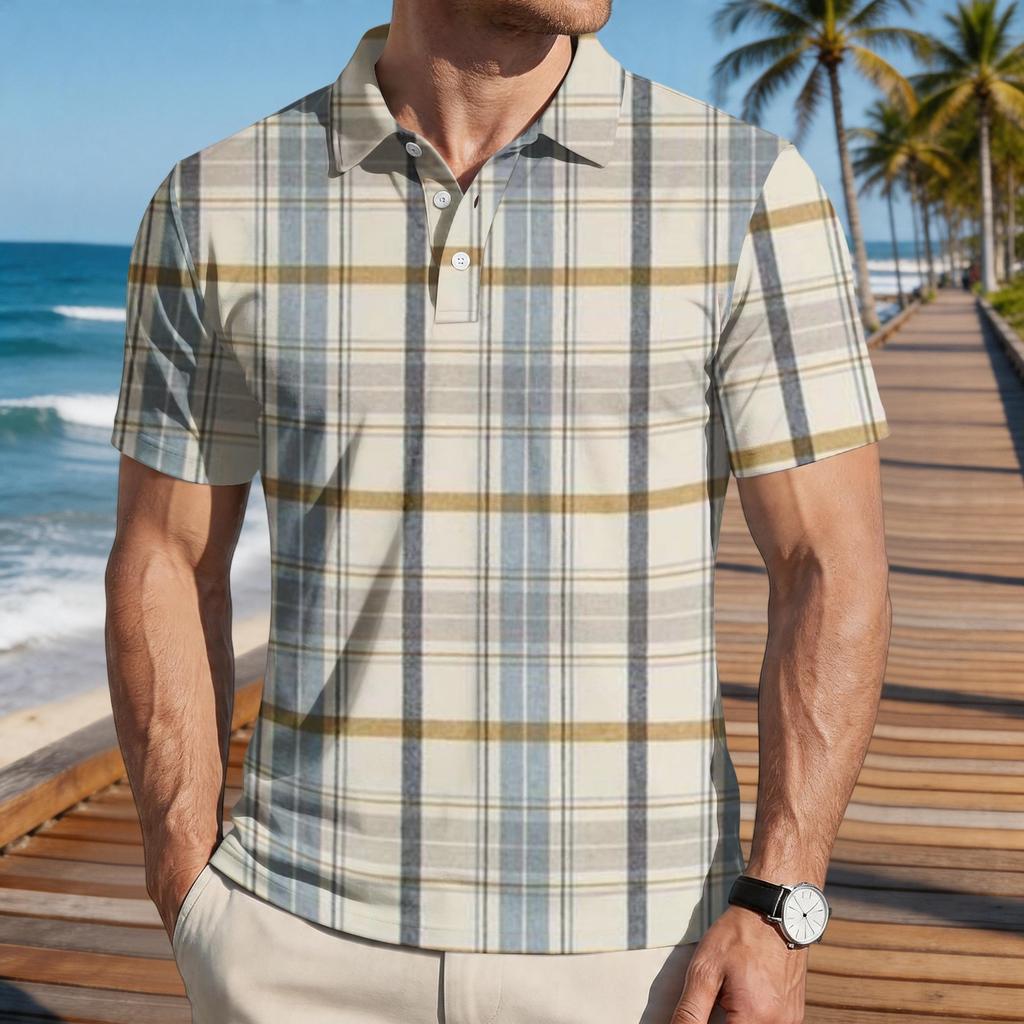 Men’s Loose Fit Casual Plaid Print Short Sleeve Polo Shirt with Turn Down Collar for Everyday Wear