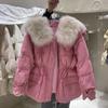 Womens Short Puffer Jacket With Real Fox Fur Collar Drawstring Waist Loose Fit Down Fill Winter