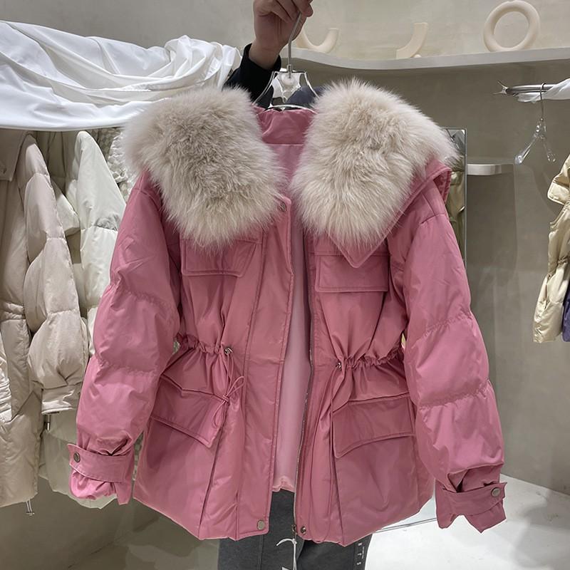 Womens Short Puffer Jacket With Real Fox Fur Collar Drawstring Waist Loose Fit Down Fill Winter