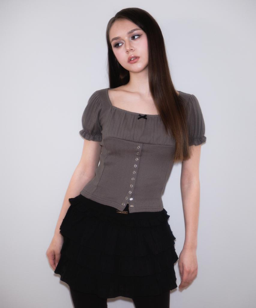 ROSEFRANTZ Puff Shirring Ribbon T-Shirt [Charcoal]