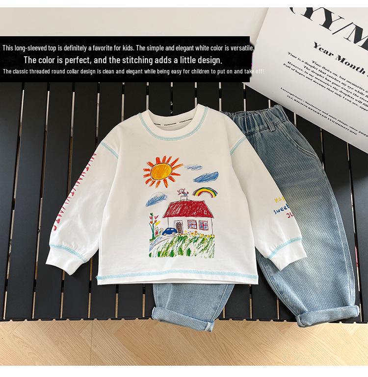 Nausicaa Spring 2025 Kids' Hand-Painted Korean-Style Cotton T-Shirt - Cute Long Sleeve for Boys & Girls