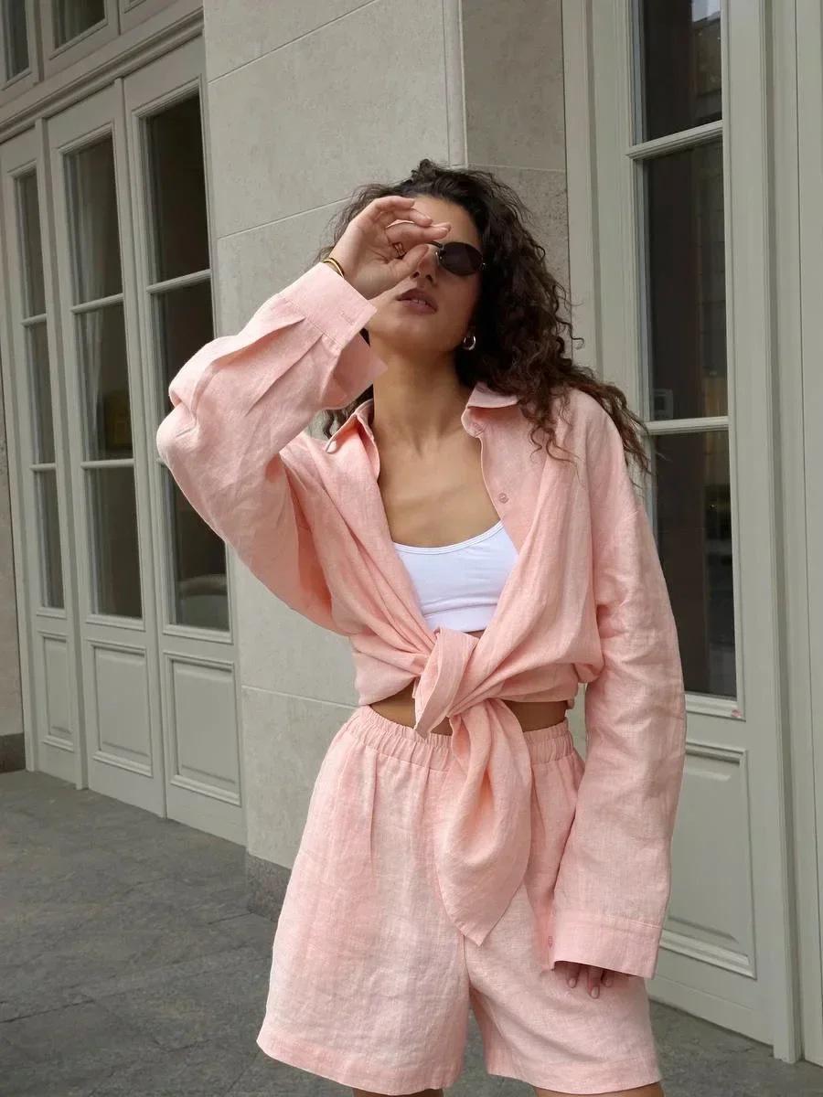 

2025 Women s Cotton Shirt & Pants Set - Loose-Fit Long-Sleeve Casual Spring/Summer European & American Style L