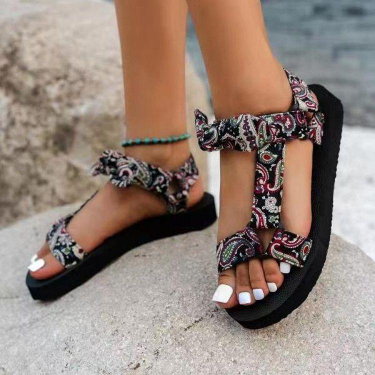 2025 Summer Large Size Beach Shoes Female Velcro Bow Round Head Flat Bottom Leopard Print Sandals Female Elegant Generous Shoes