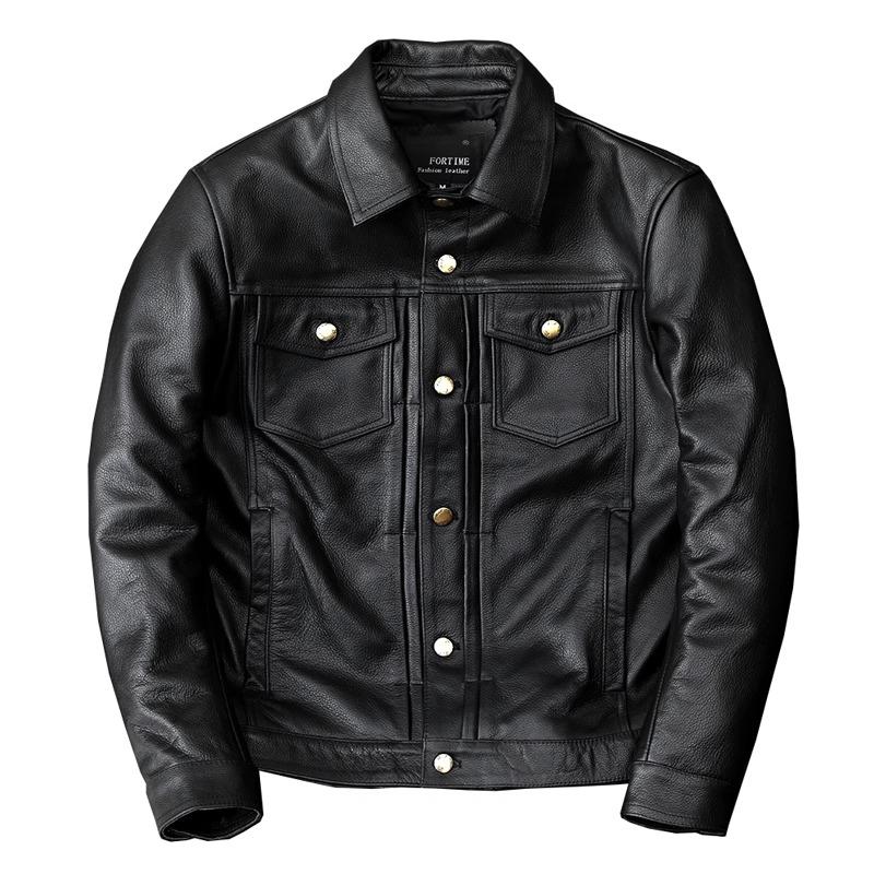 Genuine Cowhide Leather Jacket for Men Slim Fit Short Style Korean Trendy Denim Coat Casual Outfit