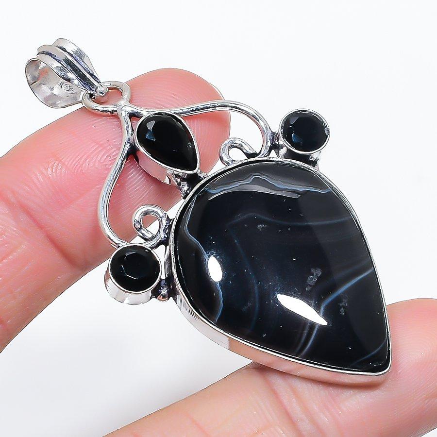 Natural Banded Agate, Spinel 925 Sterling Silver Jewelry Pendant 2.44" j0Q10