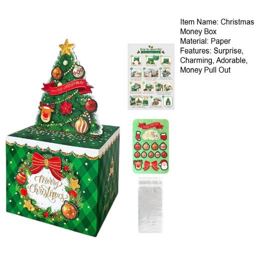 Christmas Money Box for Cash Gift Pull Merry Christmas Money Pull Box with 60 Transparent Bags DIY Holiday Cash Box Surprise Money Holder for