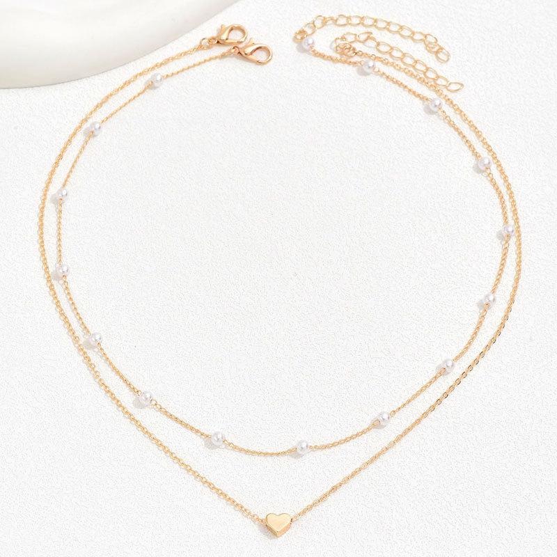 Simple Pearl Choker Necklaces for Women Double Layer Chain Small Love Heart Pendant Necklace Jewelry Gift