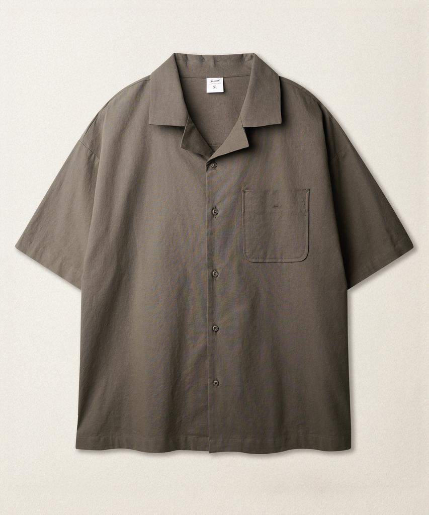 JEMUT Open Collar Linen-Like Short Sleeve Shirt Brown Kjss2622