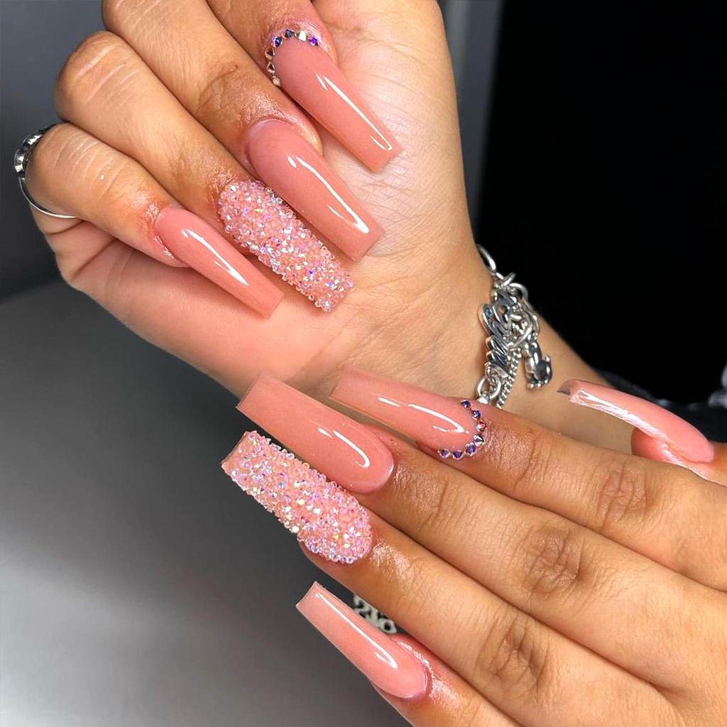 European & American Extra Long Wearable Rhinestone Nail Patches - Rectangular False Nails with Crushed Diamonds.
