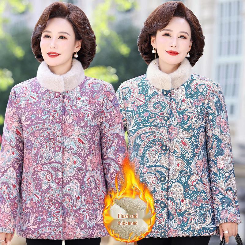Mom’s Winter Velvet Floral Quilted Jacket for Middle-aged Women - Cozy, Fashionable Outerwear