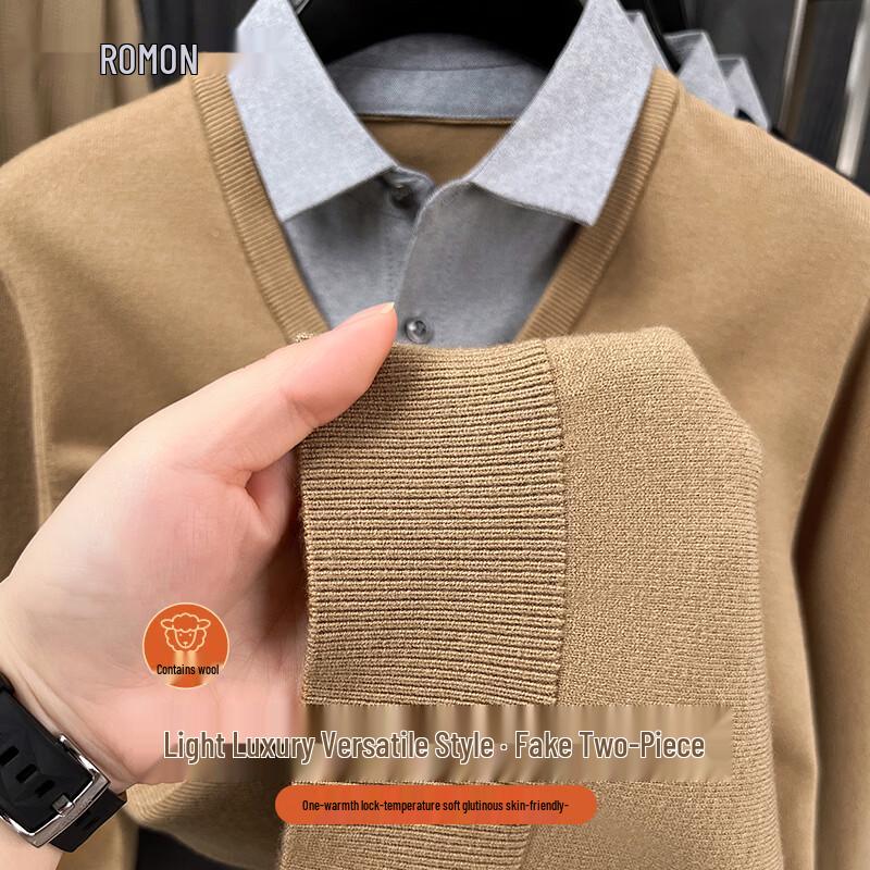 Romon Men's Faux Two-Piece Wool Blend Turn-down Collar Sweater