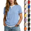 Dam Casual Färgad V-ringad Kortärmad T-shirt Med Dekorativa Knappar.