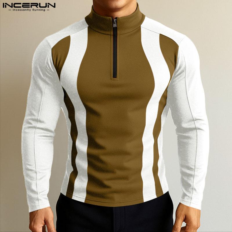 INCERUN Men Mockneck Long Sleeve Patchwork Zipper Casual Fitted Pullover Tops