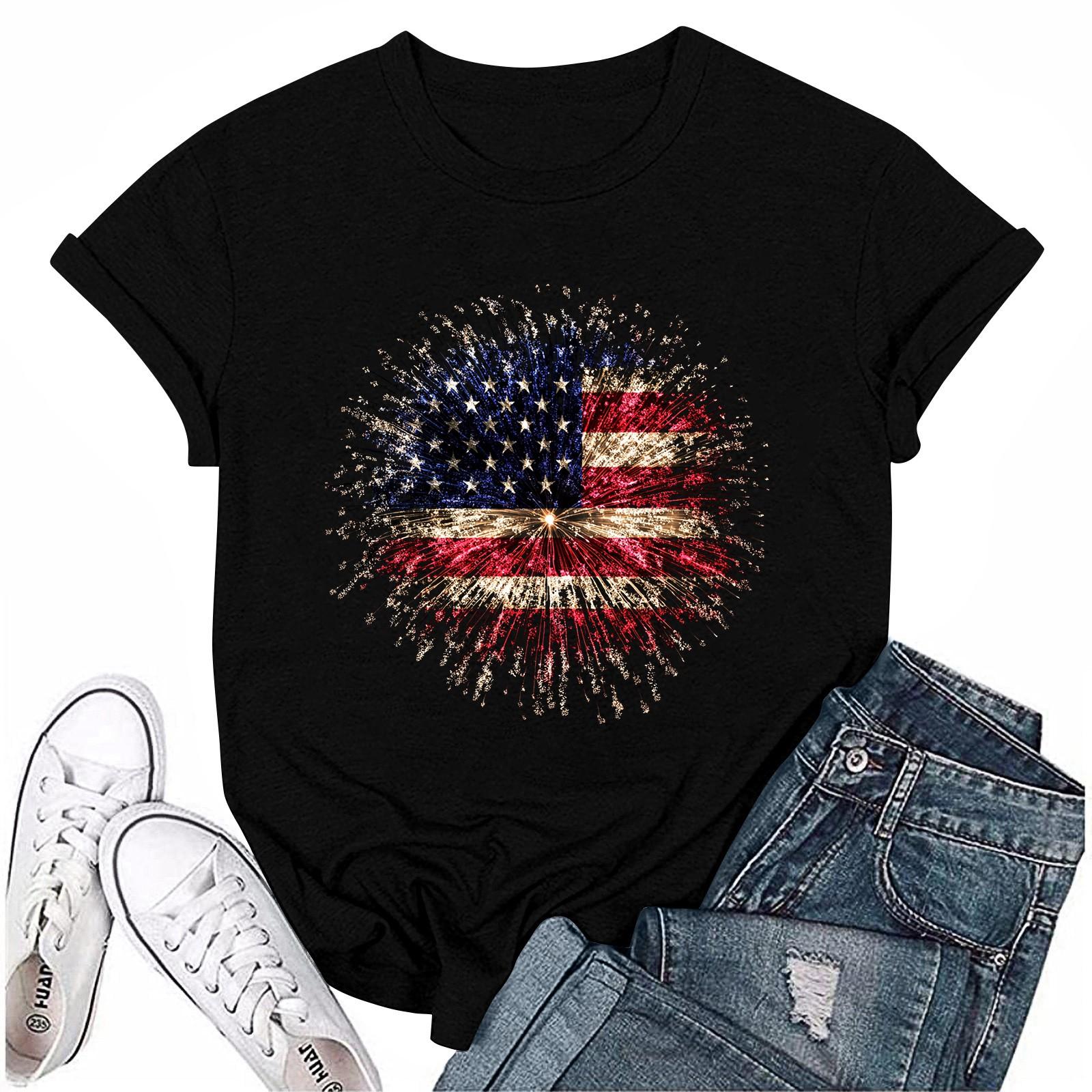 

Adults Casual Daily Round Neck Independence Day Printed Short Sleeved T-shirt Letter Top XL чорний